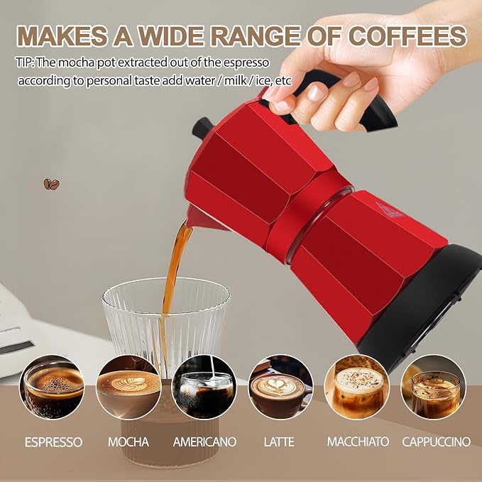 Aluminum Electric Moka Pot 3-6 Cup 270ml Express Coffee Maker Stovetop Espresso Portable Coffeemaker Italian Classic Brewing Greca Cafe Mocha with Removable Base and Overheating Protection Machine
