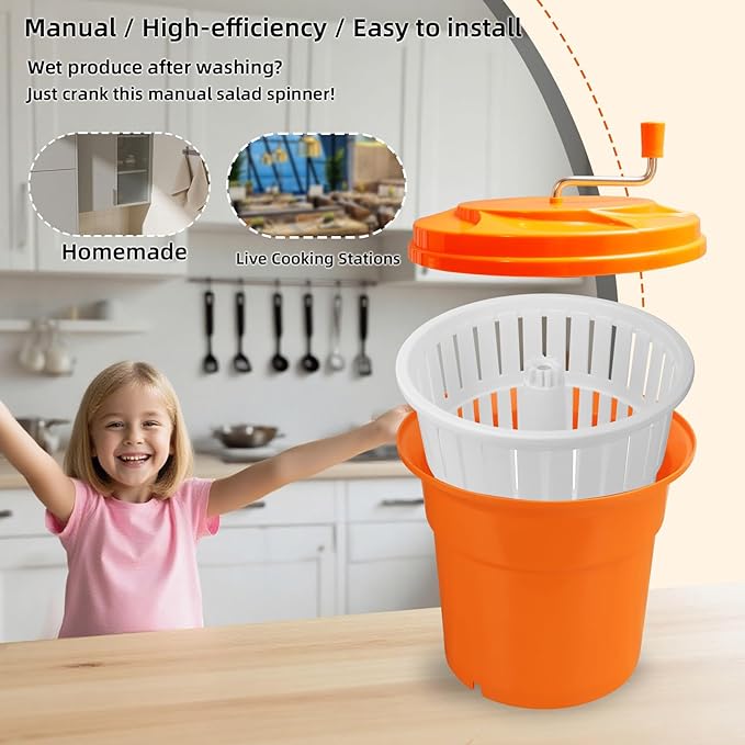 5 Gallon Salad Spinner,Large Capacity Vegetable Friuts Salad Dryer,Commercial Manual Salad Mixer for Restaurants Kitchen & Catering,Green & Orange. (Orange, 5 Gallon)