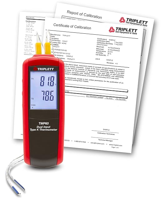 Triplett TMP60 Dual Input Type K/J Thermometer with Certificate of Traceability to NIST