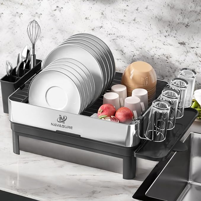 Dish Drying Rack | Stainless Steel Dish Rack for Kitchen Counter, Space Saving | Dish Drainer with Drainage & Utensil Holder | Escurridor de Platos para Fregadero (Black)