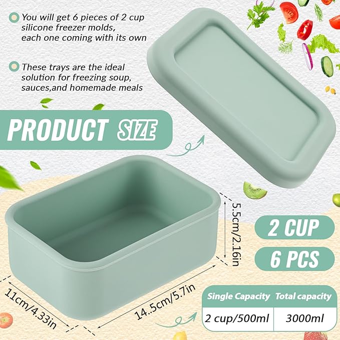 Teenyyou 6 Packs 2 Cup Silicone Soup Freezer Molds with Lid Silicone Soup Freezer Trays Rectangle Reusable Food Preserving Tray Freezing Sauces Stews (Sage Green)