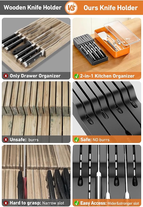 MAD SHARK 2-in-1 Detachable Knife Block & Silverware Organizer, Drawer Knife Holder for 7 Knives, BPA-Free, Blade-Safe Slots, Save Counter Space, Kitchen Drawer or Counter Storage, No Knives