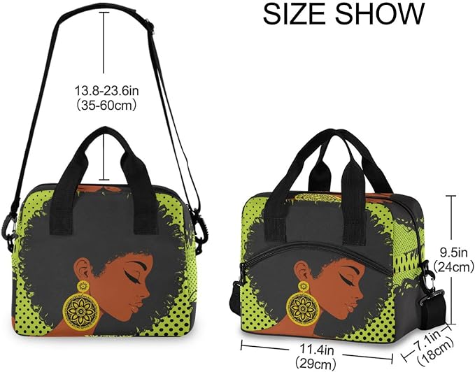 Reusable Lunch Bag for Girls Women,African American Woman Lunch Box Container with Detachable Shoulder Strap,Insulated Lunch Coolers for School Office
