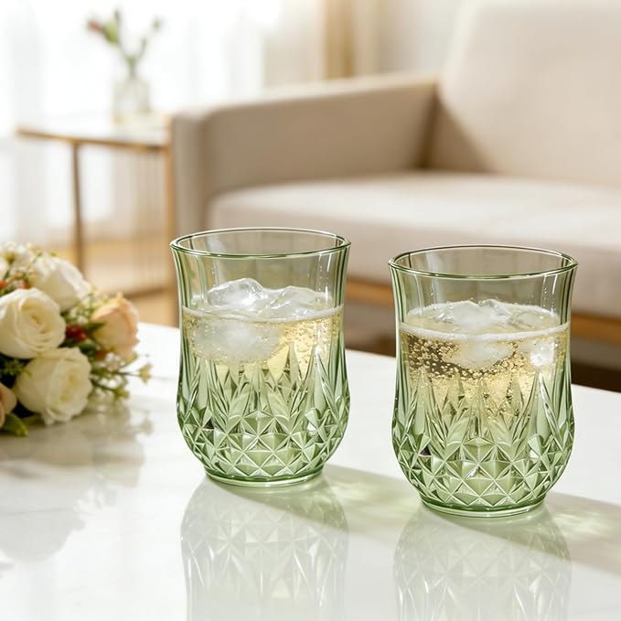 24 Pack Plastic Stemless Wine Glasses,12oz Unbreakable Vintage Elegant Drinking Glass Set,Reusable Fancy Cocktail Cups for Party, Wedding, and Bulk Events (24, 12oz-Sage Green)