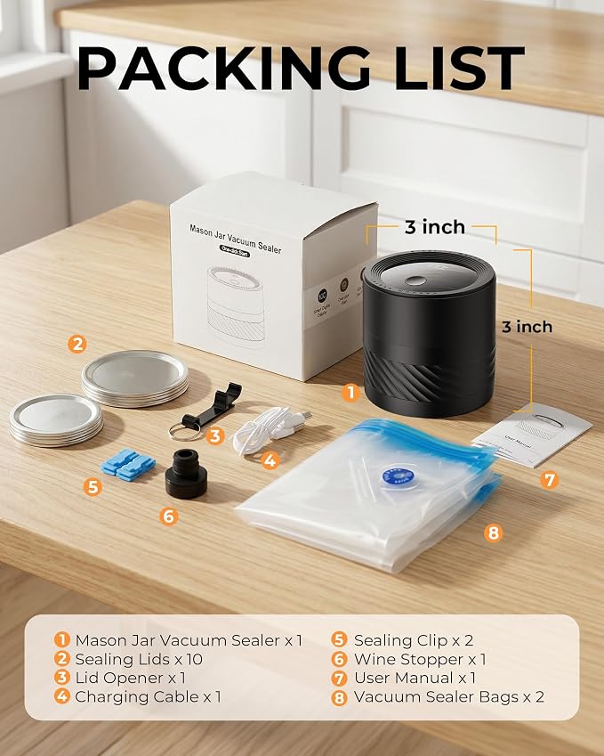 Electric Mason Jar Vacuum Sealer Kit with Auto-Stop, 1200mAh Cordless Jar Vacuum Sealer for Wide & Regular Mouth Mason Jars, Portable Automatic Vacuum Sealer with 10 Lids & 2 Vacuum Bags