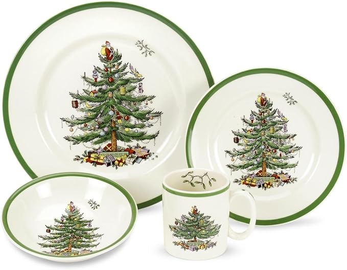 Spode Christmas Tree 4-Piece Dinnerware Setting | Fine Earthenware, Dishwasher & Microwave Safe, Holiday Tableware, Includes Plates, Bowls, Mug