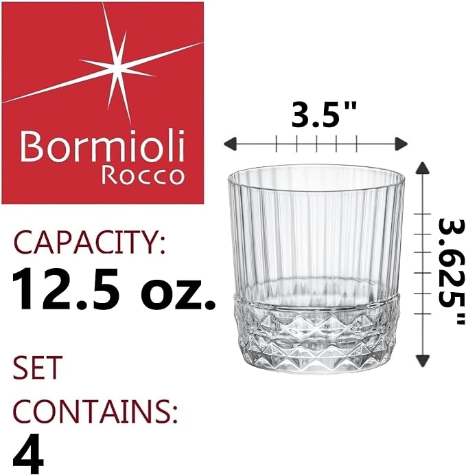 Bormioli Rocco America '20s 12.5 oz. Double Old Fashioned DOF Glasses, Clear, Set of 4