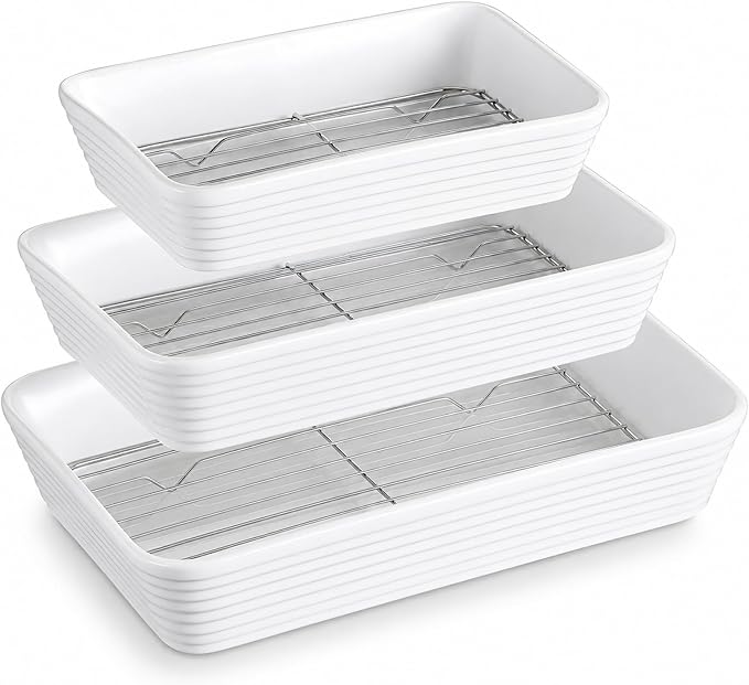 ONEMORE Baking Dishes for Oven, 9x13 Large Casserole Dishes for Oven with Roasting Racks, Rectangular Ceramic Baking Dish Set of 3 for Cooking & Serving, Deep Dish Lasagna Pan (3QT/2.1QT/1.3QT)