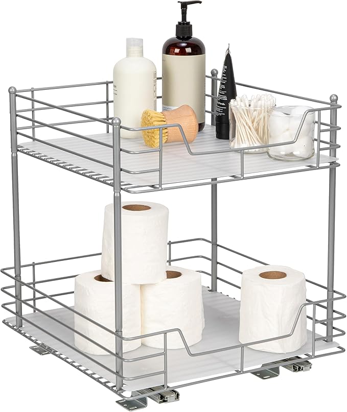 Household Essentials Glidez Steel Pull-Out/Slide-Out Storage Organizer with Plastic Liners for Under Cabinet or Wire Shelf Use - 2-Tier Design - Fits Standard Size Cabinet or Shelf, Brushed Silver