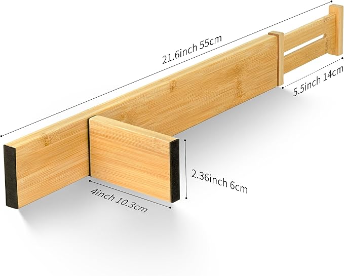 EcoFives Adjustable Bamboo Drawer Dividers with Inserts, Expandable Spring-Loaded Drawer Organizer for Kitchen, Clothes, Tools, Silverware, Bamboo Organizer Separators - 4 Large Pieces