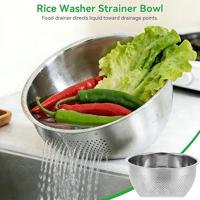 Rice Washer Strainer Bowl, Stainless Steel Rice Washing Bowl Kitchen Washing Basket Basin with Side Drainers Small Colander for Rice, Vegetables & Fruit(22.5CM)