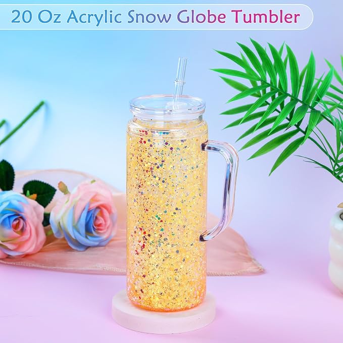 20 Oz Acrylic Snow Globe Tumbler Cup with Handle, Double Wall Plastic Snowglobe Tumbler with Pre-Drilled Hole and Plug for Glitter DIY, 4 Pack