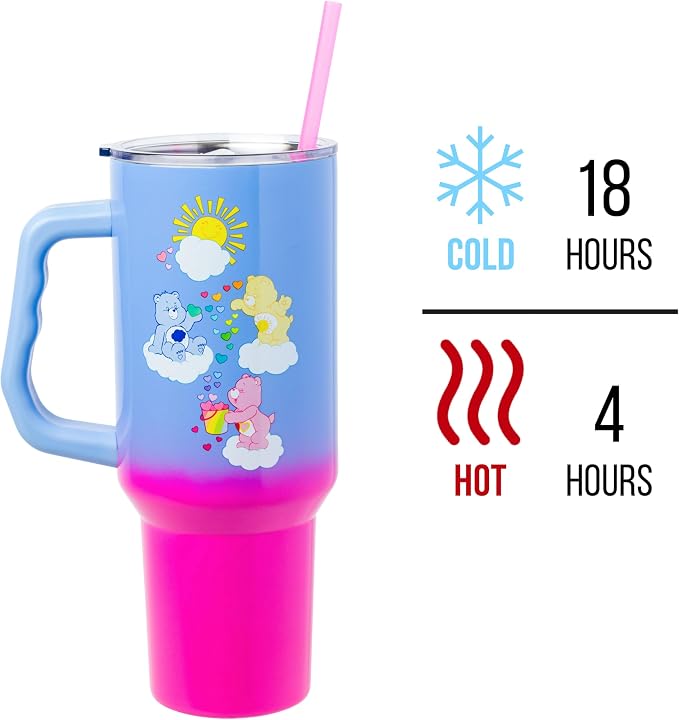 Silver Buffalo Care Bears Featuring Grumpy Bear, Funshine, and Love-A-Lot Bear Heart Showers Ombre Double Walled Stainless Steel Tumbler with Handle and Straw, Fits in Standard Cup Holder, 40 Ounces