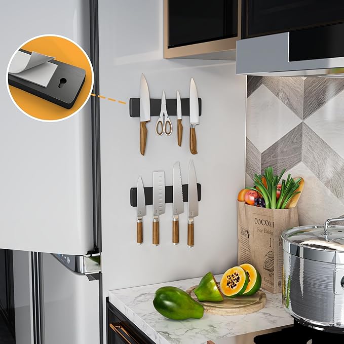 Magnetic Knife Holder for Wall, Acacia Wood Knife Magnetic Strip No Drill Knife Magnet Storage Bar Magnetic Tool Key Holder Strip for Kitchen Utensil Organizer (Black, 10 Inch)