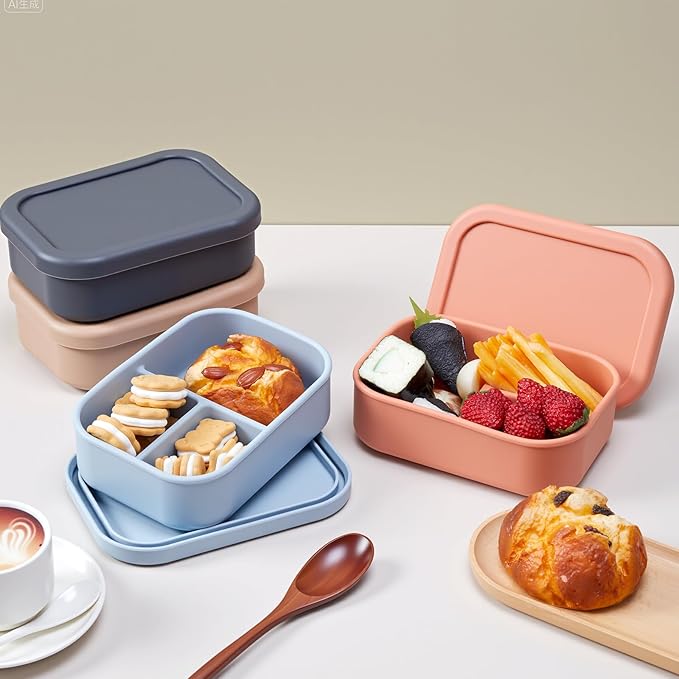 Honeydak 4 Pcs Silicone Bento Box for Adults, 3 Compartment Lunchable Food Container for Women Men, Leak Proof Microwave Dishwasher Freezer Safe (Grey,Blue,Khaki,Orange)