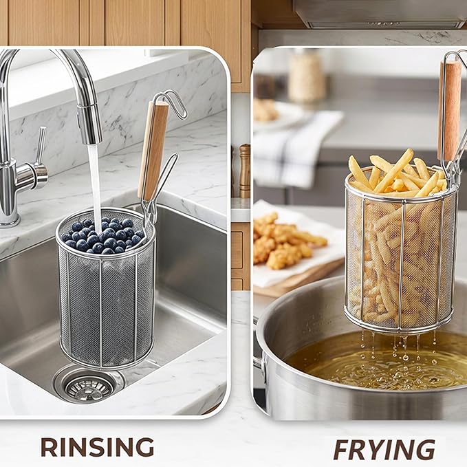 TOPZEA Spaghetti Pasta Strainer Spoon, Stainless Steel Noodle Strainer with Wood Handle, Kitchen Mesh Spider Strainer Food Strainer, Deep Fry Basket for Rinsing, Straining, Draining