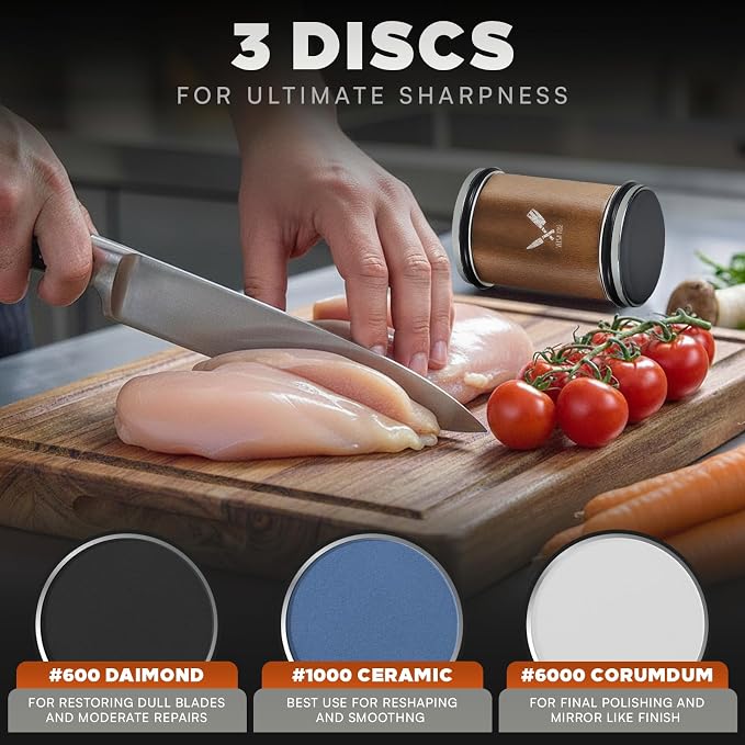 Rolling Knife Sharpener - 400/1000/3000 Grit Diamond & Ceramic Discs Leather Strop & Anticut Gloves | Knife Sharpener for All Knives