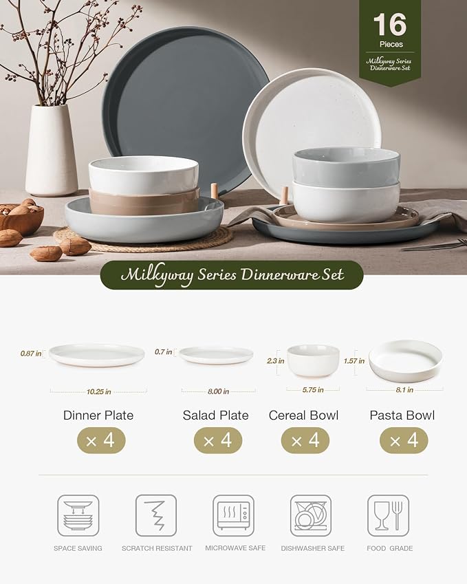 Famiware Milkyway Stoneware Dinnerware Sets with Pasta Bowls, Service for 4 (16 Pieces), Plates and Bowls Sets -Scratch Resistant, Microwave and Dishwasher Safe Dishes Set, Multi-color