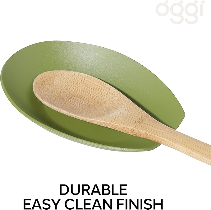 Oggi Spooner Stainless Steel Spoon Rest- Holds Kitchen Utensils for Mess Free Cooking, Stove Top, or Coffee Station; Kitchen Accessories, Utensil Rest, Olive, 5.25 inch by 3.5 inch (7635.14)
