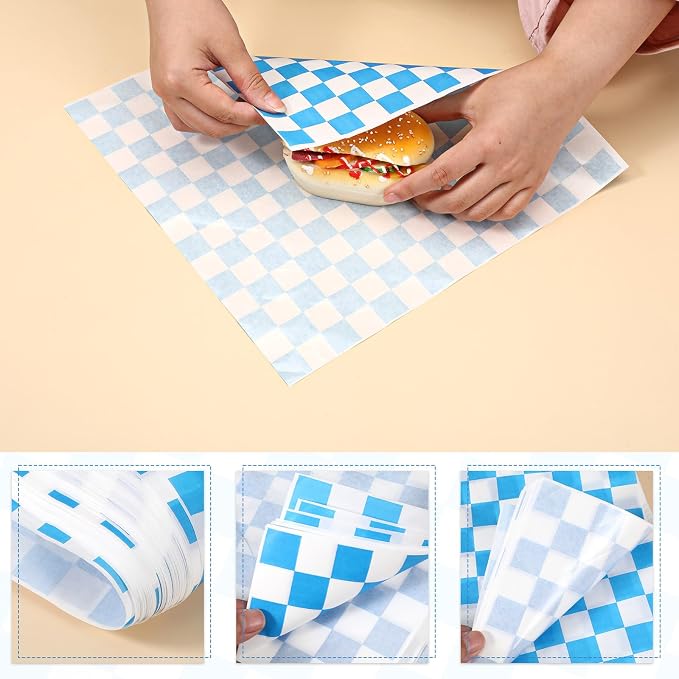 simarro 1000 Sheets Checkered Deli Paper Sheets, 12 x 12 Inch Grease Resistant Food Basket Liners Sandwich Paper Wraps for Restaurants Churches BBQs Picnic Party (Blue And White)