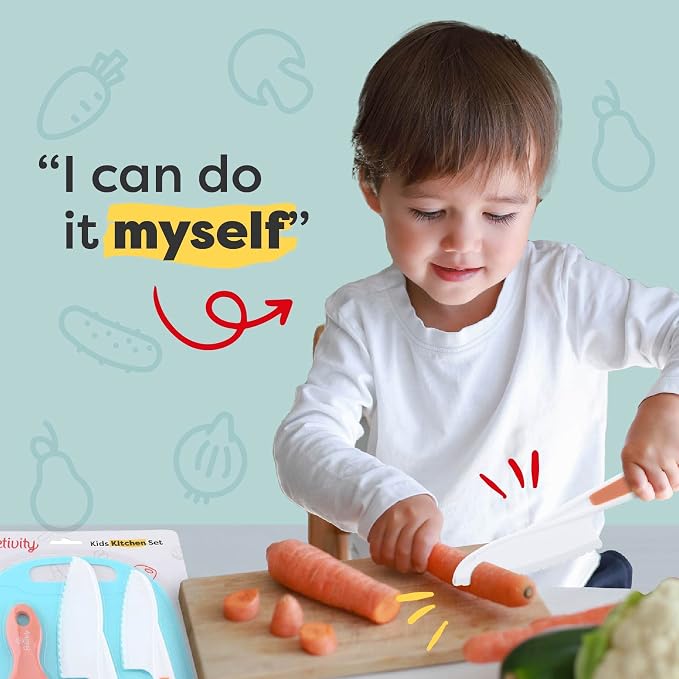 Baketivity Kid Safe Plastic Knives for Real Cooking with Cutting Board, Peeler for Kitchen - Knife Set with Blunt Tip, Dishwasher Safe, BPA Free Kids Knives for Cutting
