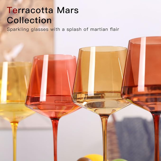 comfit Terracotta Wine Glasses Set of 6- Hand-Blown Colored Crystal Stemware With Long Stem and Thin Rim,Crystal Glasses for Wine & Cocktails, Premium Gift for Wedding, Birthday – Hand Wash