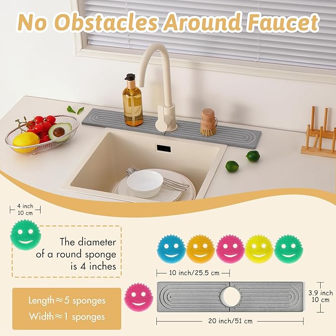 Diatomite Kitchen Sink Water Splash Guard, 20'' Drying Neat Stone Sink Tray, Modern Stylish Faucet Handle Drip Catcher Stone, Absorbent Mat for Kitchen Counter, Gift for Valentine's Day, Light Gray
