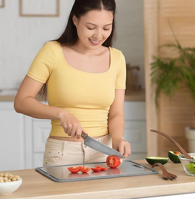 4 Pcs Titanium Cutting Board for Kitchen 16 x 12 Inch Silicone Dish Drying Mat 14 x 10 Inch Double Sided Metal Cutting Board 2 Dishcloth Separates Meat Vegetables Fruits for Counter Sink