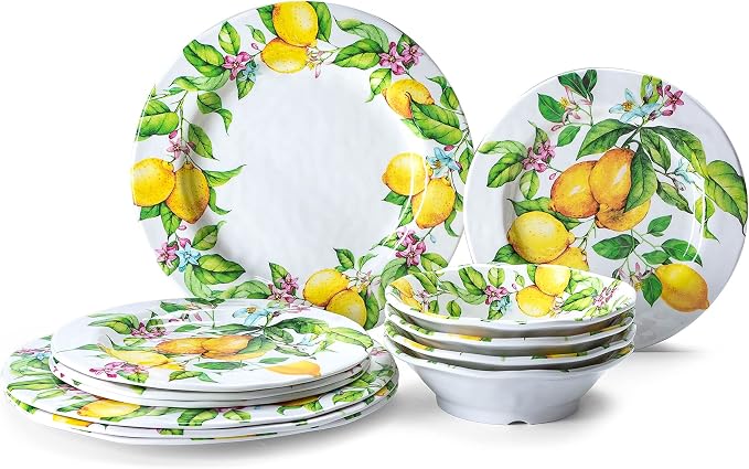LEHAHA Lemon Melamine Dinnerware Dish Set – 12 Piece Indoor and Outdoor Plates and Bowls Sets for Everyday Use, Dishwasher Safe, Unbreakable Kitchen Dinner Set, Service for 4…