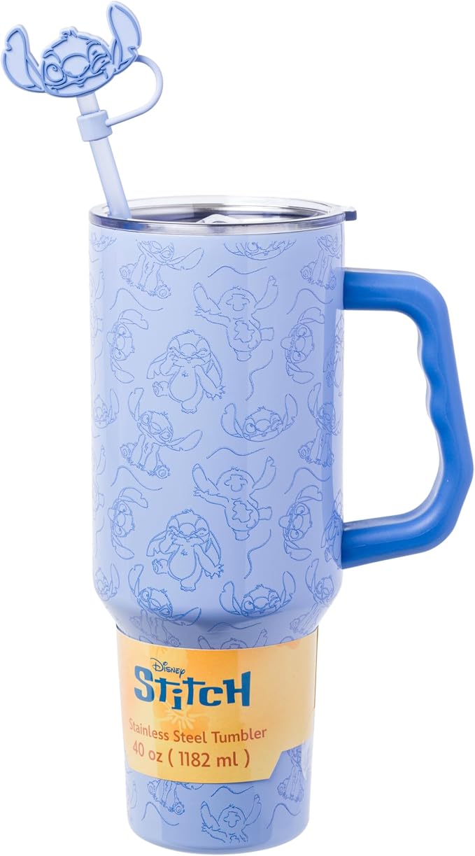 Silver Buffalo Disney Lilo and Stitch Poses Pattern Double Walled Stainless Steel Tumbler with Handle, Straw, and Straw Cap, Fits in Standard Cup Holder, 40 Ounces