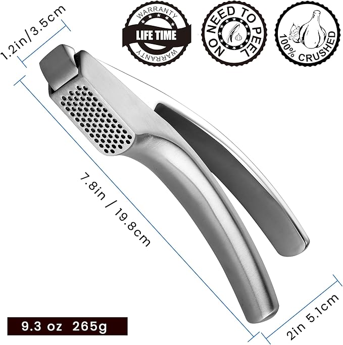 No Peeling Required Garlic Press Stainless Steel with Detachable Handle for Fine Mincing-Premium Garlic Mincer Tool, Rust-Proof, Easy to Clean, Dishwasher Safe Garlic Crusher with Lifetime Replacement