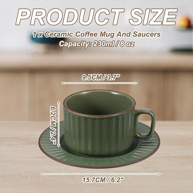 uxcell Handmade Vintage Espresso Cups, 8 oz Coffee Cups and Saucers Ceramic Tea Cup with Handle Dishwasher and Microwave Safe for Latte Cappuccino Milk Office Home Gifts, Green