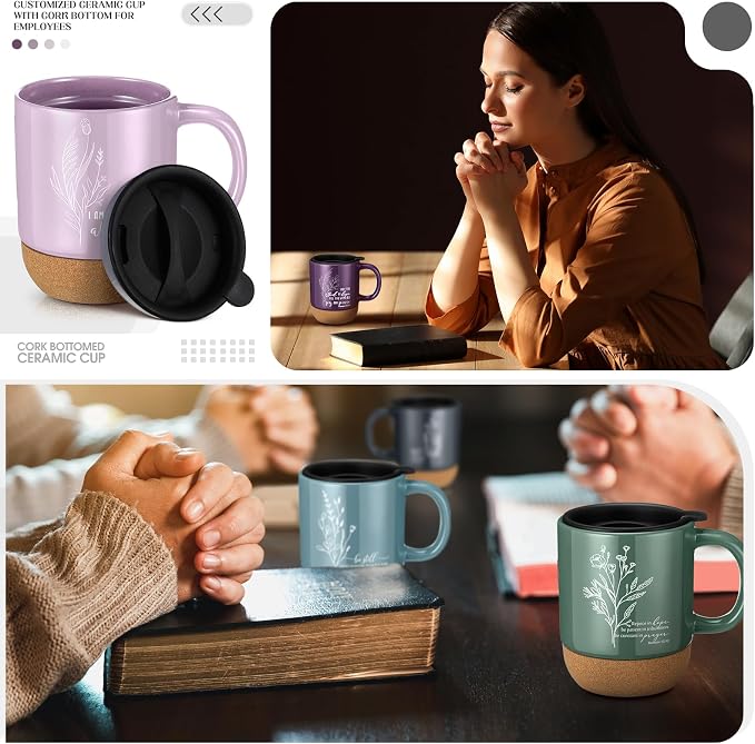 FillTouch 12 Pcs Christian Mug Gifts Bulk 15oz Religious Cup Cork Bottom Coffee Mug with Verse Inspirational Gift for Women Men Pastor Church Group Bible Study Member(Boho,Flower)