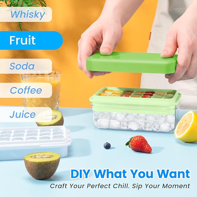 PHINOX Ice Cube Tray With Lid and Bin, Ice Trays for Freezer, Flexible Ice Cube Trays, Making 56 pcs Ice Cubes, Chilling Cocktail, Whiskey, Coffee, with 2 trays, Ice Container, Scoop&Cover, BPA Free