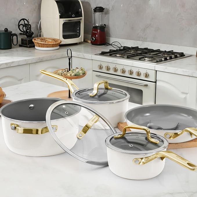 7-Piece White Ceramic Nonstick Cookware Set, Pots and Pans | 4 pots, 3 clear lids; stay-cool grips; 100% PFAS-free; 480°F oven & dishwasher safe; heavy daily family cooking routines