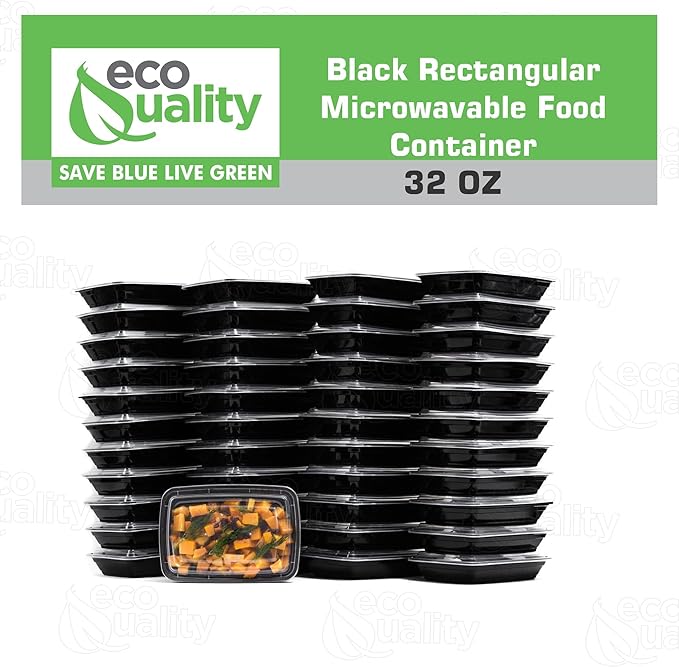 32 oz Reusable Food Storage 100 Pack Containers with Lids by EcoQuality – Rectangular BPA Free Freezer, Microwave & Dishwasher Safe – Airtight & Watertight Stackable, Lunch Meal Prep, To-Go, Bento Box