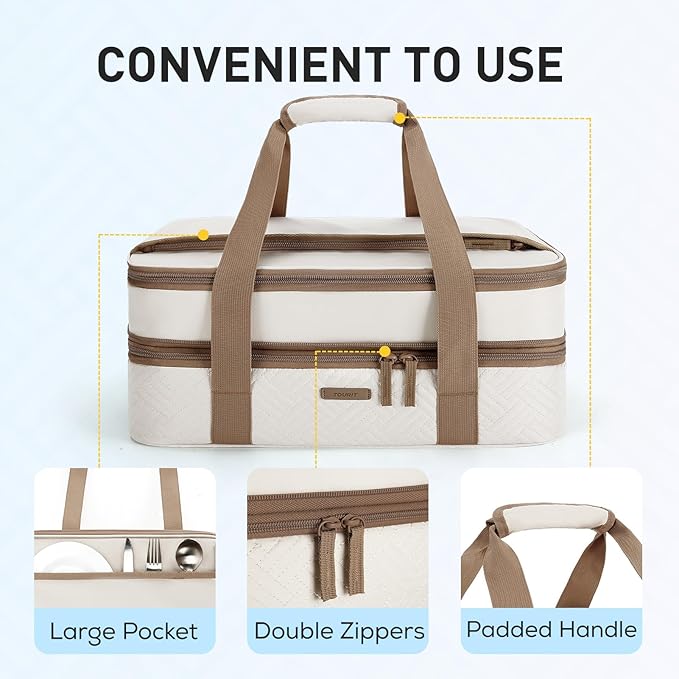 TOURIT Double Decker Insulated Casserole Carrier for Hot or Cold Food Expandable Thermal Food Carrier for Picnic Cookouts Potluck Parties Fits 9" x 13" Baking Dish