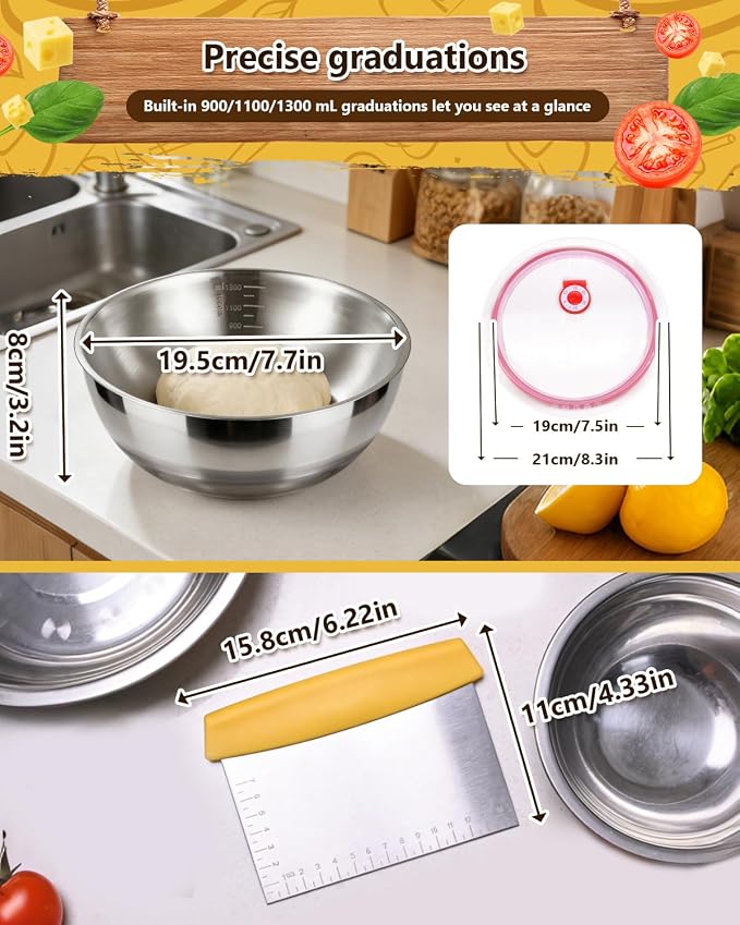 3 Pack Pizza Dough Proofing Container, 1300ML Stainless Steel Proofing Box with Clear Airtight Lid, Stackable Fermentation Storage for Dough Balls & Bread, Includes Cutter