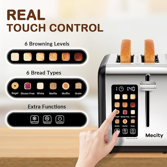 Mecity 2 Slice Touch Screen Toaster, 1.5" Wide Slot, Stainless Steel Smart Toaster for Bagels, Muffins, Waffles, Gluten-Free Breads, Defrost, Reheat, Timer, 120V 825W, Matt Black