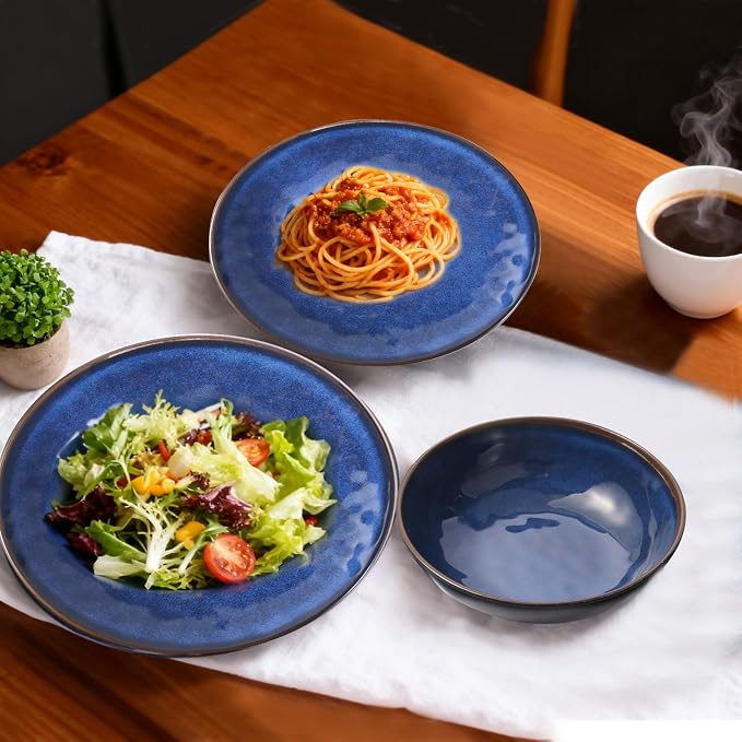 Rustic Farmhouse 12 Piece Melamine Dinnerware Sets - Service for 4, Lightweight with 11" Platesx4,9"Salad Pates x4 and 8"Bowlsx4, for Indoor and Outdoor Use, Unbreakable Kitchen Dinnerware, Blue