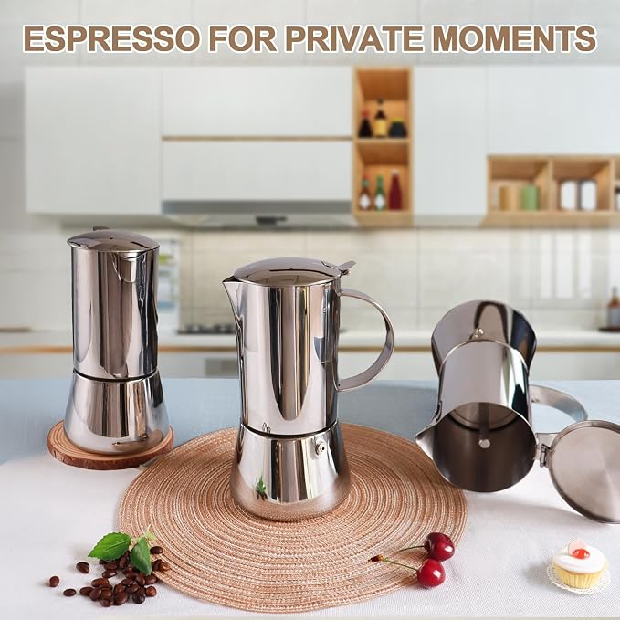 304 Thickened Stainless Steel Uncoated 6 Cup Moka Pot Coffee Maker Stovetop Espresso Coffeemaker Italian Classic Brewing Greca Cafe Mocha Machine for Cafeteras Camping Travel Home 300ml 10oz