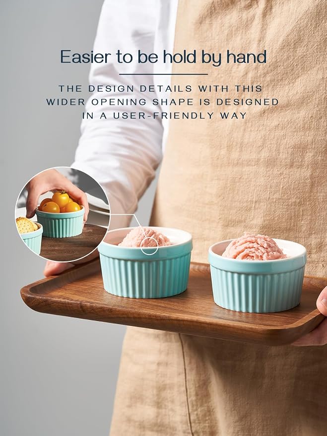 DOWAN Ramekins 6 oz Oven Safe for Creme Brulee Souffle, Porcelain Ramekin for Baking, Classic Style Ramekins Bowls Souffle Dishes Custard Cups, Set of 6, Blue