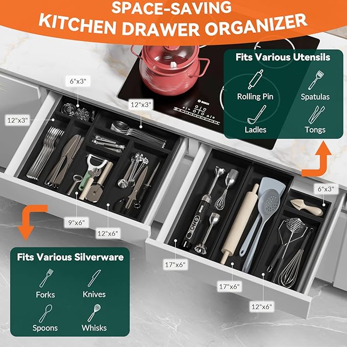 Lixple Bamboo Drawer Organizer, Cutlery Silverware Organizer for Kitchen Drawer, Stackable Utensil Organizer, 2 Pcs Flatware Organizer, Wooden Storage Box Tray (Black, 12 X 6 X 2 Inch)