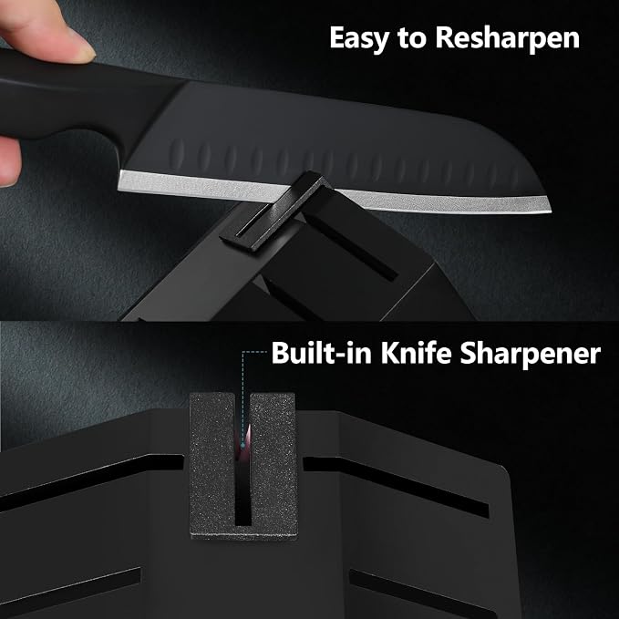 Kuisine Black Knife Set, 15-Piece High Carbon Stainless Steel Ultra Sharp Knife Block Set, Ergonomic Handle with Sharpener for Kitchen(15 PCS Black EX)