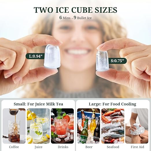 Ice Maker Countertop, Portable Ice Machine with Handle, Basket & Scoop, 26Lbs/24Hrs, 9 Bullet Ice Cubes Ready in 6–8 Mins, 2 Ice Sizes, Self-Cleaning, Quiet Compact for Home Kitchen Office RV Camping