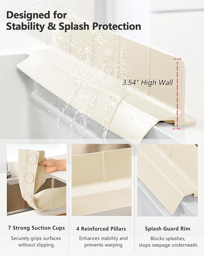 Kitchen Sink Splash Guard 18" 23" 30" Self-Draining Silicone Water Guard with High Splash Wall & Strong Suction Cups for Faucet, Countertop & Sink Edge, Keeps Sinks Dry, Dishwasher Safe,Cream