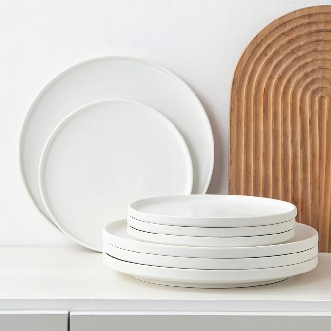 Ceramic Dinner Plates, 10.25 Inch, Set for 4, Modern White | Flat Dish Design, Microwave & Dishwasher Safe, Perfect for Family and Entertaining, For Steak, Sandwiches, Pizza, Pasta