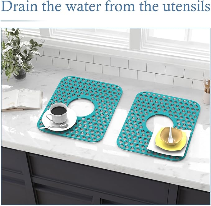 Silicone Sink Protector for Kitchen Bathroom Sink, 2 Pack 13.58"x 11.6" Heat-resistant Mat, Non-Slip and Durable Silicone Protectors, Center Drain (Green)