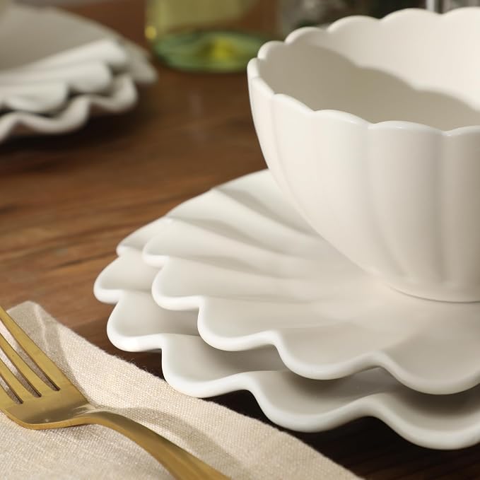 Gibson Elite Bistro Fleur Plates and Bowls Sets, 12-Piece Stoneware Dinnerware Set for 4, Ivory White Scalloped Dish Set with Dinner Plates, Salad Plates & Bowls