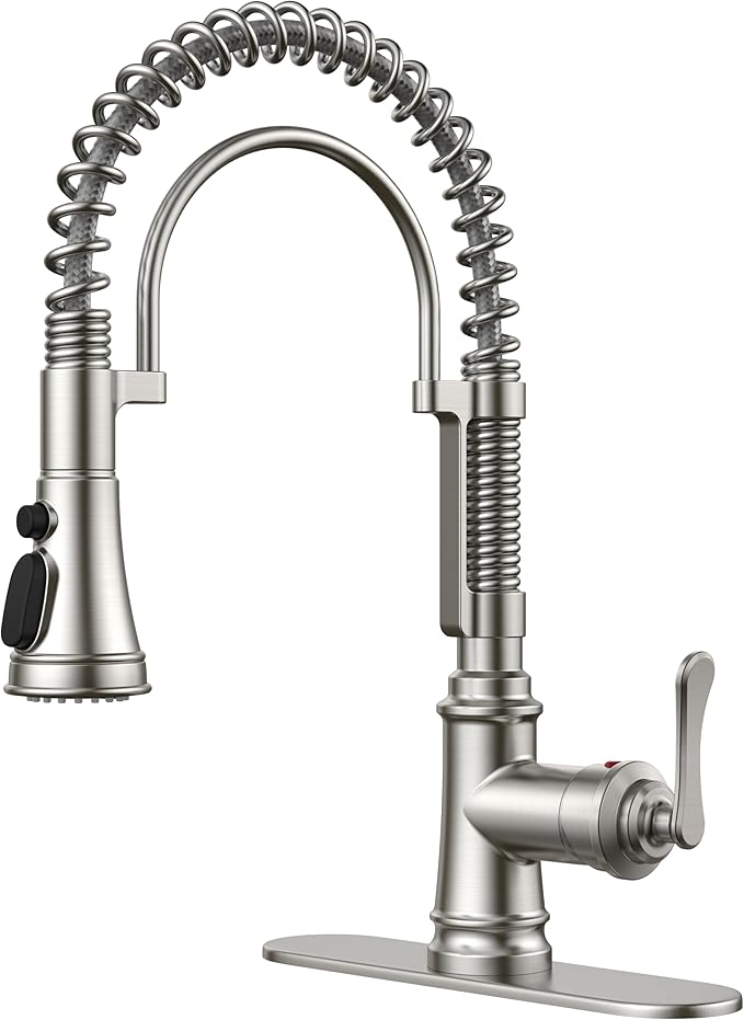 FORIOUS Kitchen Faucet with Pull Down Sprayer, Stainless Steel Single Handle Spring Antique Kitchen Sink Faucet with Deck Plate, Sutiable for Farmhouse, RV, Camper, Wet Bar, Brushed Nickel